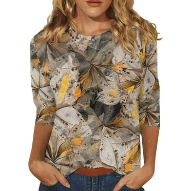 DQRPSEETB Comfortable Tops 3/4 Length Sleeve Womens Tops Summer 2024 T Shirts Floral Print Crew Neck Casual Basic Tee Fit Tunic Tops Blouse Embroidered Tops for Women XXL