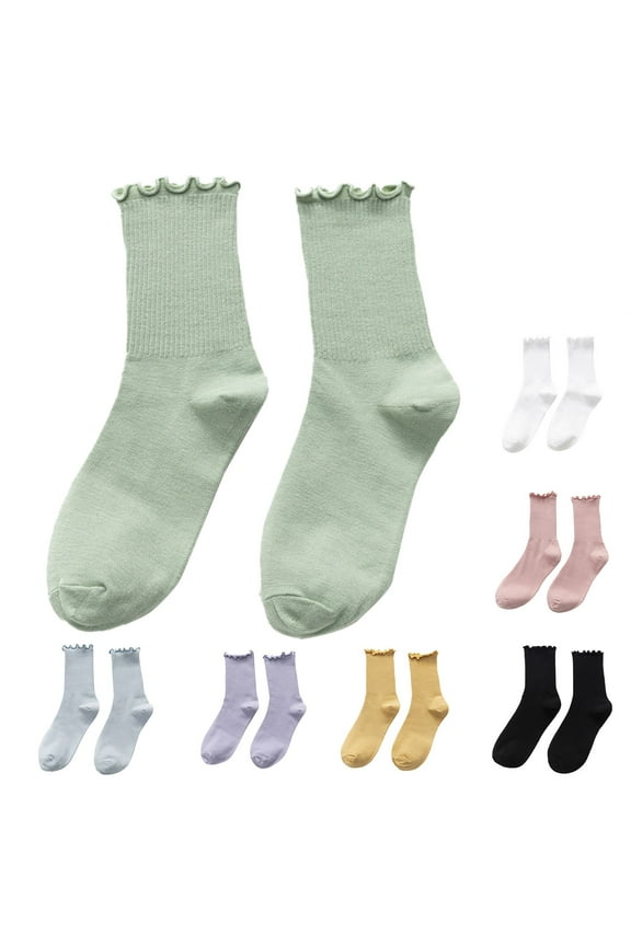 Crew Socks Ruffle Slouch Socks for Women Cute Cotton Crew Socks Frilly Knit Socks 7 Pairs Comfortable Socks Off-White