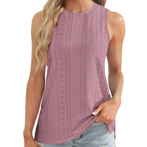 DQRPSEETB Flowy Tank Tops for Women Women's Round Neck Loose Basic Casual Summer Eyelet Sleeveless Top Side Slits Cami with Built in Bra