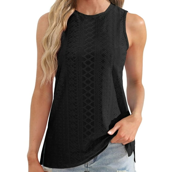 DQRPSEETB Flowy Tank Tops for Women Women's Round Neck Loose Basic Casual Summer Eyelet Sleeveless Top Side Slits Cami with Built in Bra