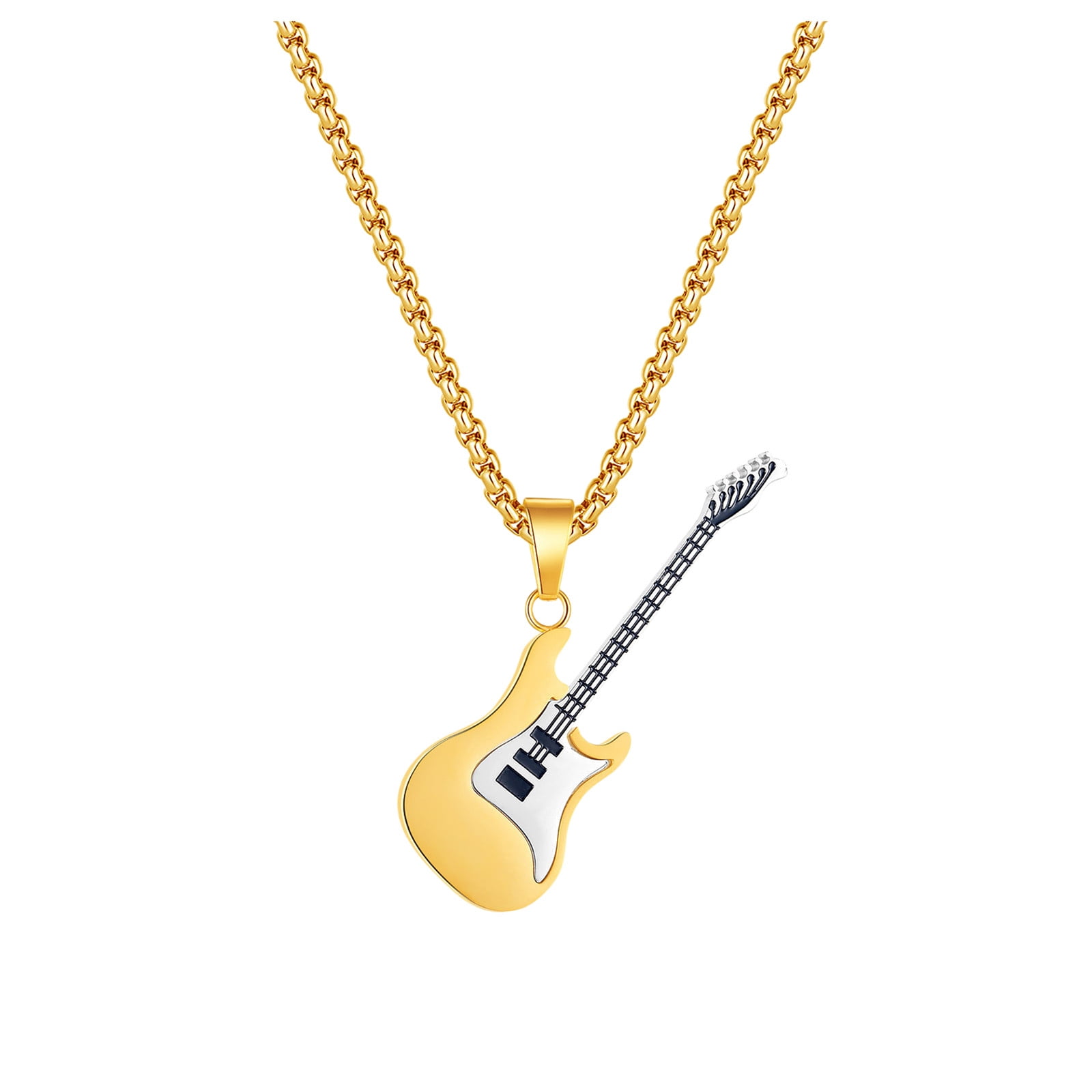 Stainless Steel Guitar Pendant Necklace – Unisex Leather Choker Style – 14.56 Inch, Gift Ready