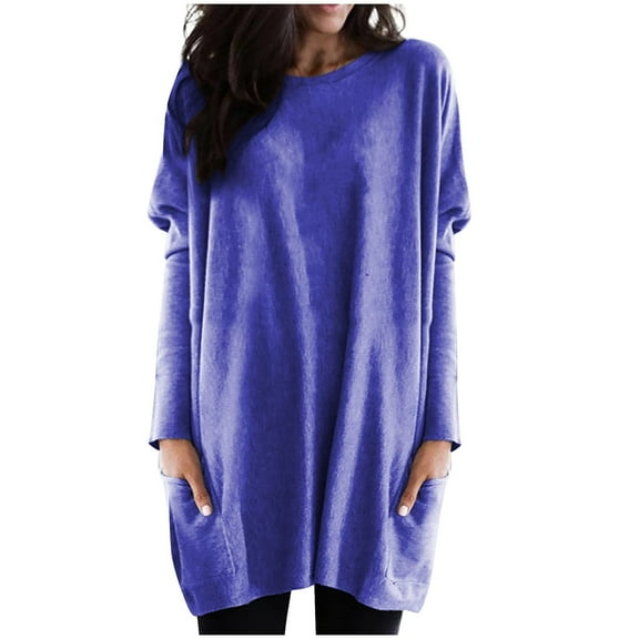 DQRPSEETB Going Out Tops Women's Round Neck Long Sleeve Tops Plus Size Shirts Lightweight Sweatshirts Loose Casual Tunic with Pockets Blouses Casual Top