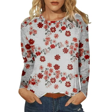 DQRPSEETB V Neck Top Womens Tops Sleeve Shirts Summer Round Neck Loose Casual Blouses Floral Print Tshirts Casual Top
