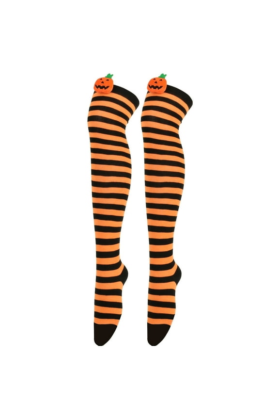 Women Halloween Socks Cartoon Devil Socks Over Knee Socks Striped Stockings Long Socks Green