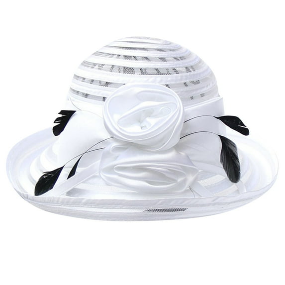 DQRPSEETB Women’s Organza Sun Hat Packable Wide Brim Bucket Flower Bow Wedding Church Dress Hat Fascinator Bridal Tea Party Hat Fashion Hat for Woman