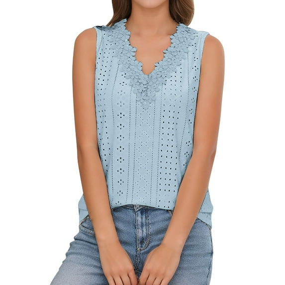 DQRPSEETB Womens Summer Tops Eyelet TopWomen's New Summer V Neck Vest T Shirt US Size Sleeveless Lace Top for Women Loose Tank Tops for Women