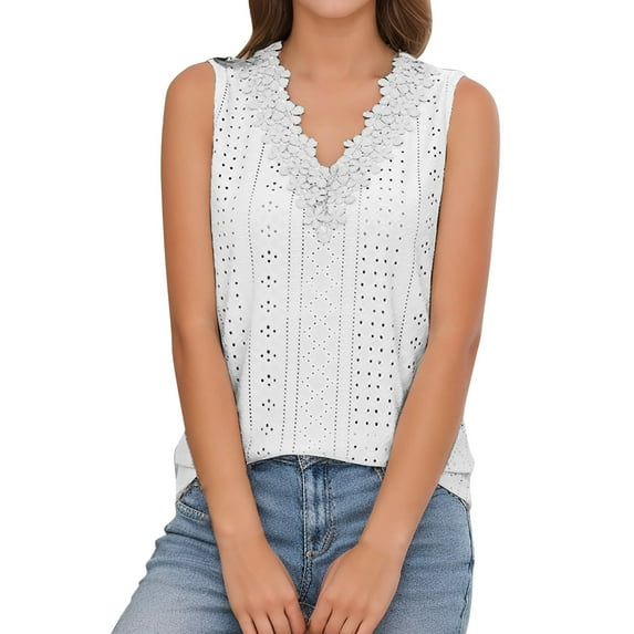 DQRPSEETB Womens Summer Tops Eyelet TopWomen's New Summer V Neck Vest T Shirt US Size Sleeveless Lace Top for Women Loose Tank Tops for Women