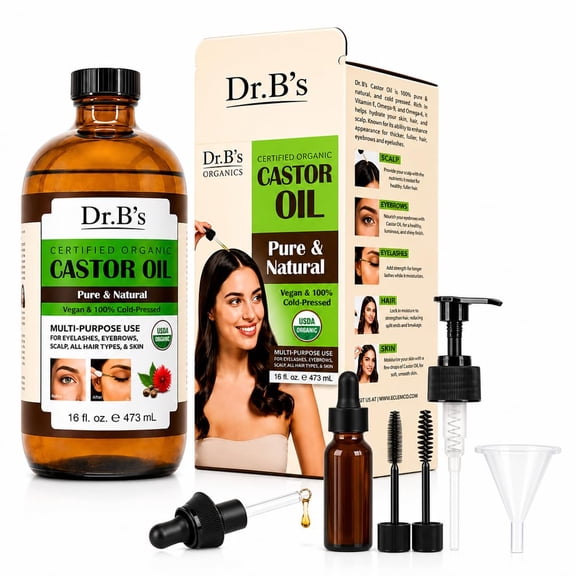 DR. B'S Organic Castor Oil Multi-Purpose Use Kit, 16 oz - Cold Pressed Moisturizing Oil for Hair, Scalp, Skin, Eyebrows & Eyelashes - Includes Application Accessories for Easy Use