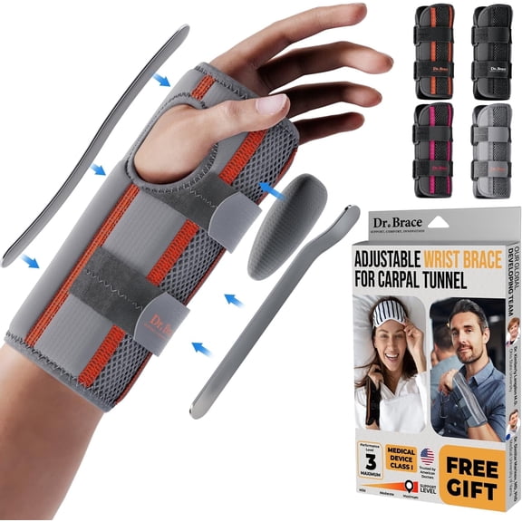 DR. BRACE Adjustable Wrist Brace Night Support for Carpal Tunnel, FSA & HSA Eligible, Doctor Developed, Upgraded with Double Splint & Therapeutic Cushion, Hand Brace (L/XL Left Hand, Grey-Orange)