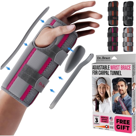 DR. BRACE Adjustable Wrist Brace Night Support for Carpal Tunnel, FSA & HSA Eligible, Doctor Developed, Upgraded with Double Splint & Therapeutic Cushion, Hand Brace (L/XL Left Hand, Grey-Pink)