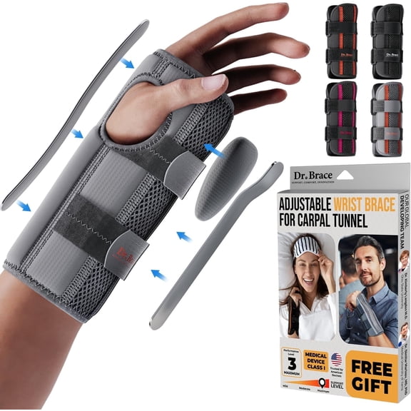 DR. BRACE Adjustable Wrist Brace Night Support for Carpal Tunnel, FSA & HSA Eligible, Doctor Developed, Upgraded with Double Splint & Therapeutic Cushion, Hand Brace (L/XL Right Hand, Grey)