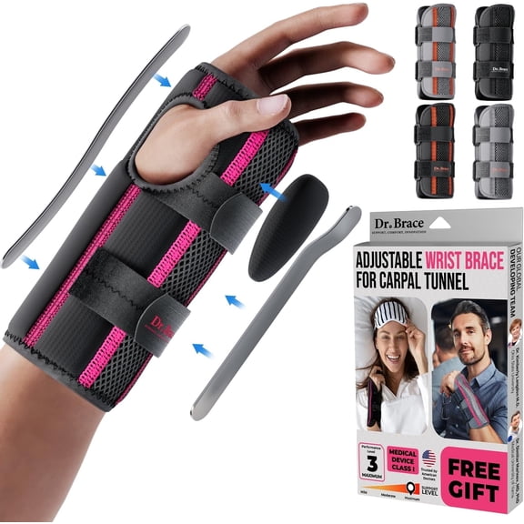 DR. BRACE Adjustable Wrist Brace Night Support for Carpal Tunnel, FSA & HSA Eligible, Doctor Developed, Upgraded with Double Splint & Therapeutic Cushion, Hand Brace (L/XL Right Hand, Black-Pink)