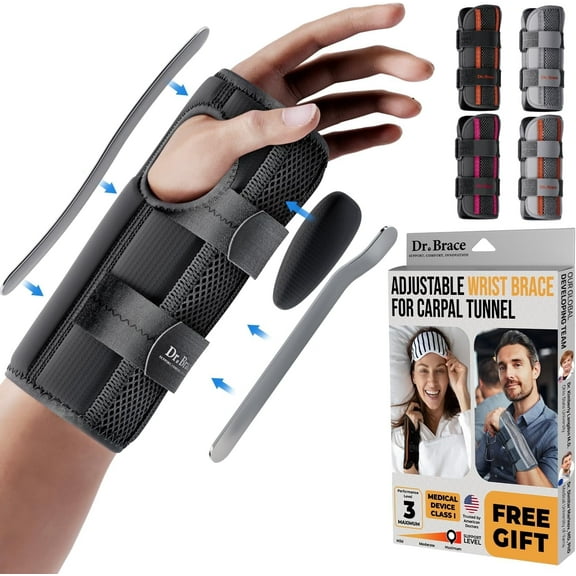 DR. BRACE Adjustable Wrist Brace Night Support for Carpal Tunnel, FSA & HSA Eligible, Doctor Developed, Upgraded with Double Splint & Therapeutic Cushion, Hand Brace (S/M Left Hand, Black)