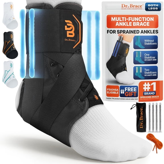DR. BRACE Ankle Brace, with removable Side Stabilizers and Adjustable Lace Up Support, for Running, Basketball, Injury Recovery, and Sprains - Black, L