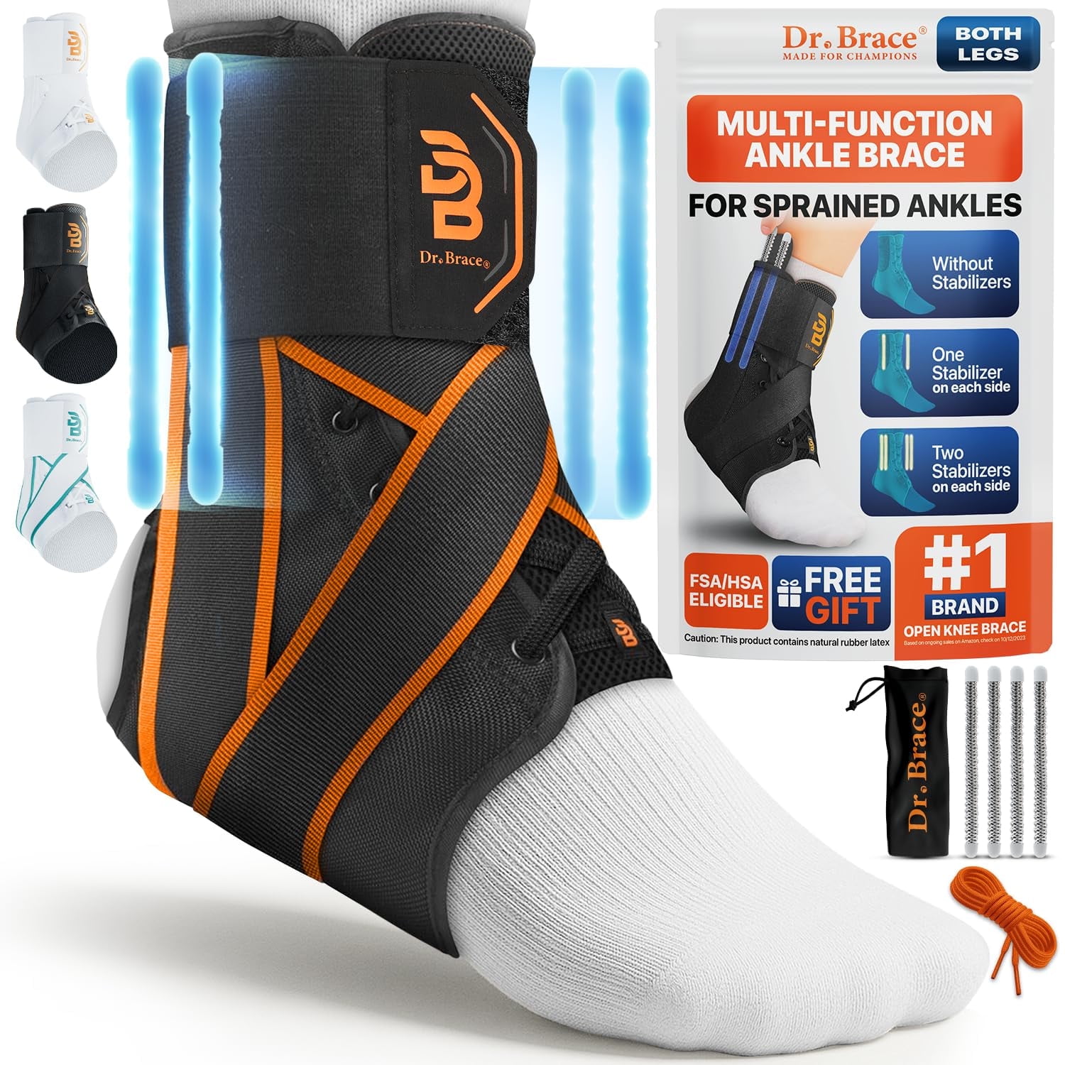 DR. BRACE® Ankle Brace, with removable Side Stabilizers and Adjustable Lace Up Support, for Running, Basketball, Injury Recovery, and Sprains - Black - Orange, M