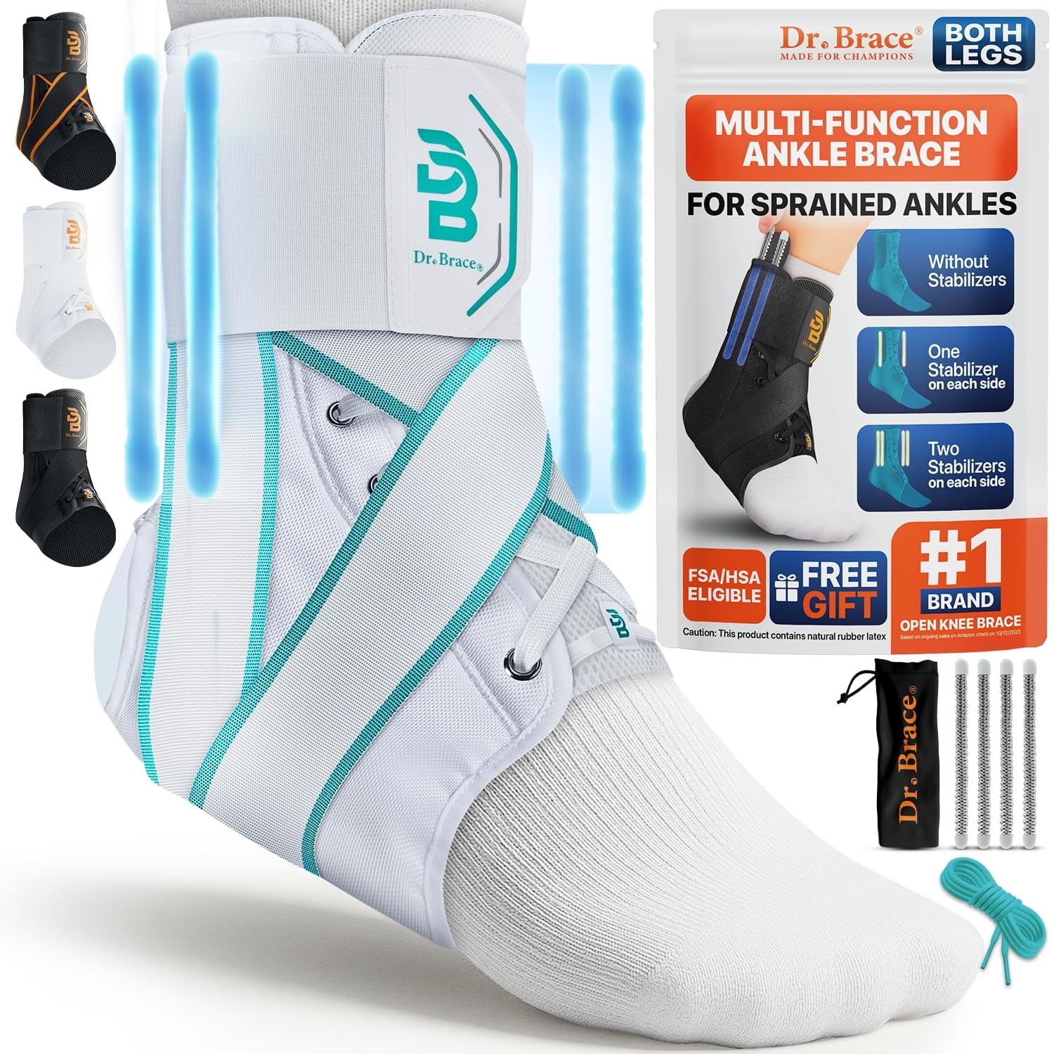 DR. BRACE® Ankle Brace, with removable Side Stabilizers and Adjustable Lace Up Support, for Running, Basketball, Injury Recovery, and Sprains - White - Blue, XS