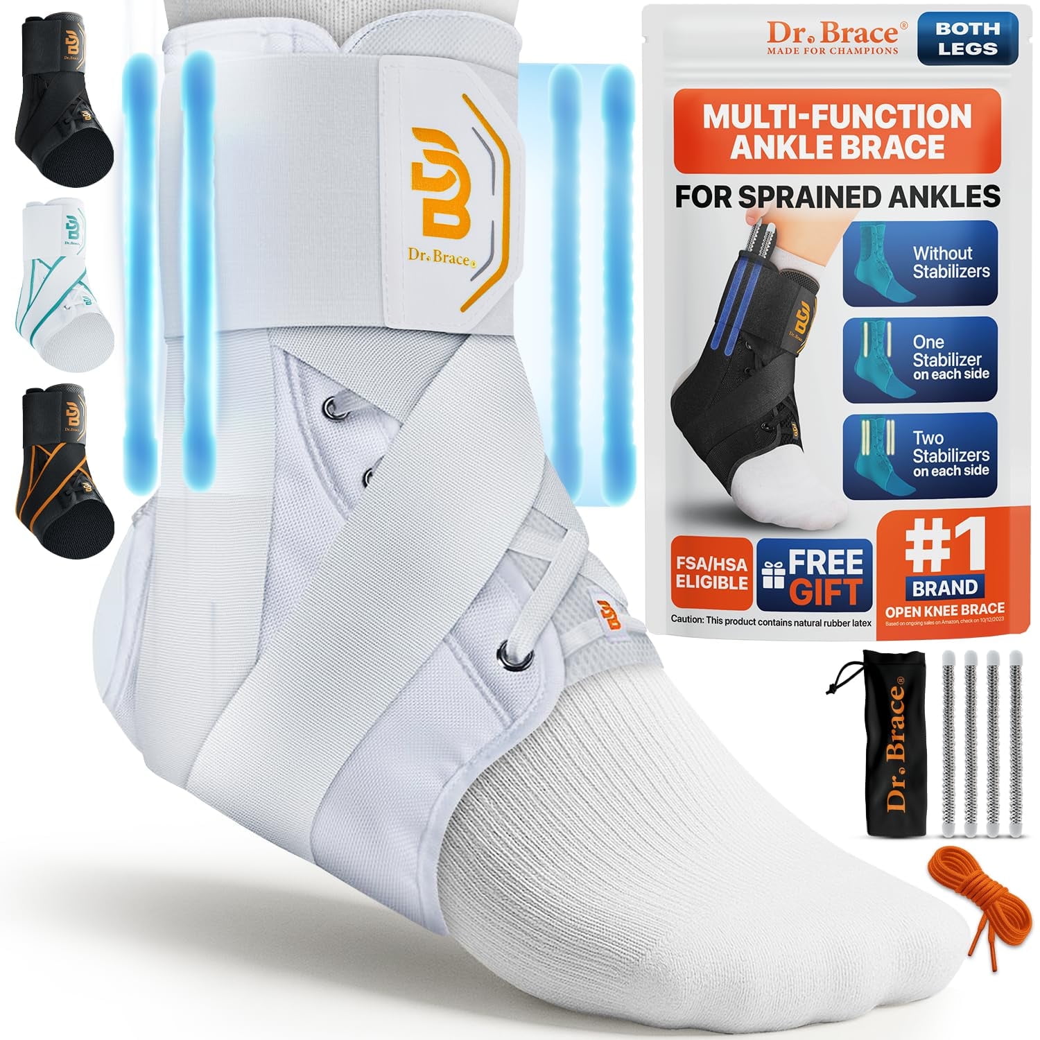 DR. BRACE® Ankle Brace, with removable Side Stabilizers and Adjustable Lace Up Support, for Running, Basketball, Injury Recovery, and Sprains - White, XL