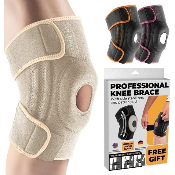 DR. BRACE Compression Knee Brace with Side Stabilizers & Patella Gel Pads, Knee Support for Knee Pain, Running & Sports, Men & Women (Sandstone, Small)