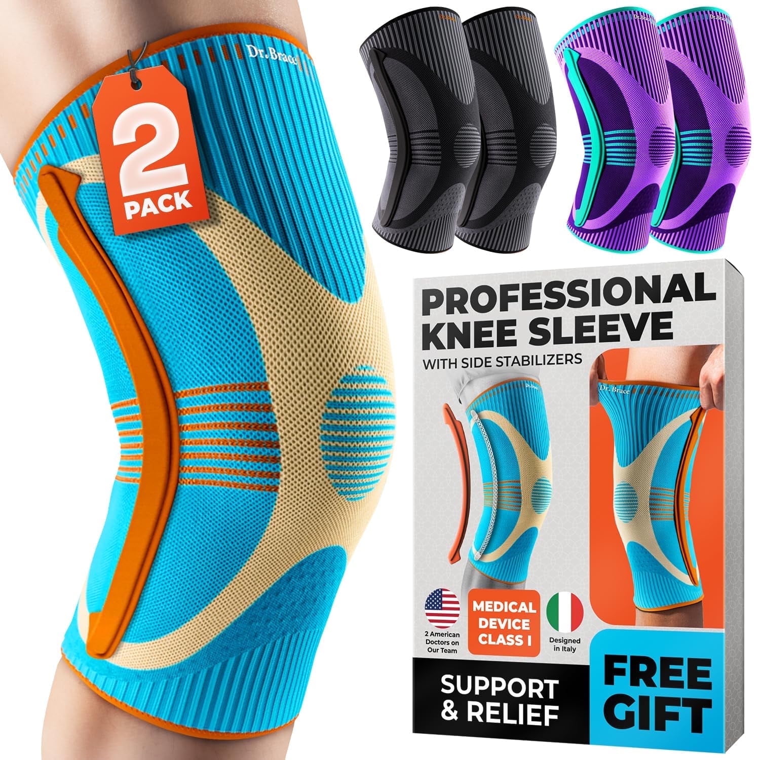 DR. BRACE ELITE Knee Brace with Size Stabilizer (2 Pack) Knee Brace for Women & Men, Workout, Sports, Daily Knee Compression Sleeve for Maximum Knee Pain Support & Fast Recovery (Olympus, Small)