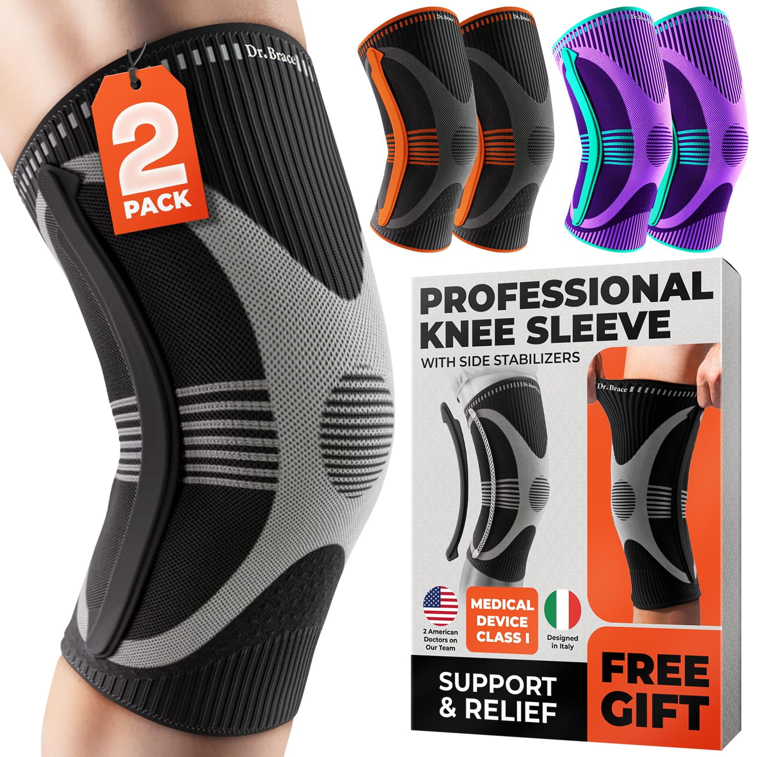 DR. BRACE ELITE Knee Brace with Size Stabilizer (2 Pack) Knee Brace for Women & Men, Workout, Sports, Daily Knee Compression Sleeve for Maximum Knee Pain Support & Fast Recovery (Mercury, Small)