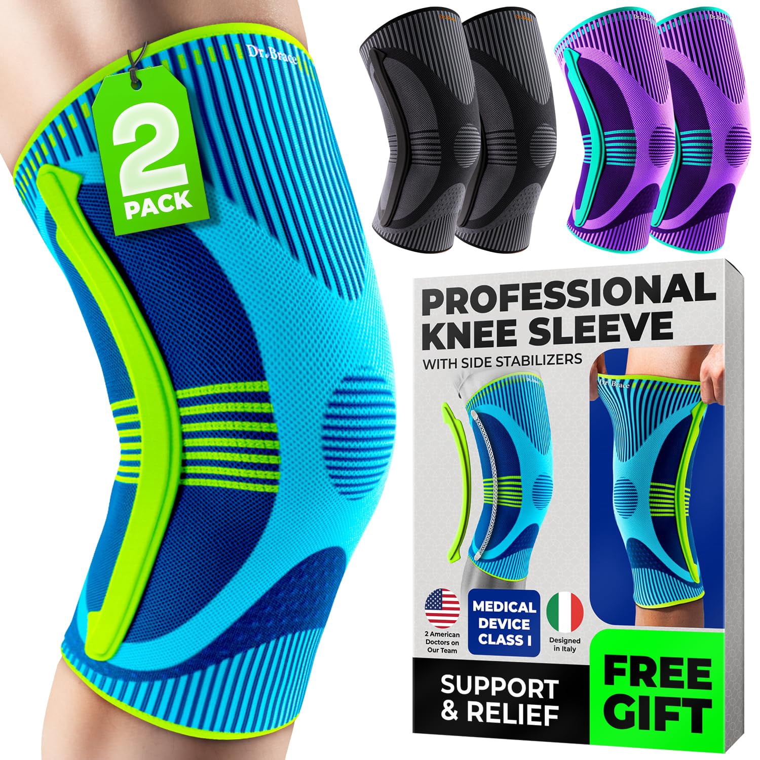 DR. BRACE ELITE Knee Brace with Size Stabilizer (2 Pack) Knee Brace for Women & Men, Workout, Sports, Daily Knee Compression Sleeve for Maximum Knee Pain Support & Fast Recovery (Zeus, Large)