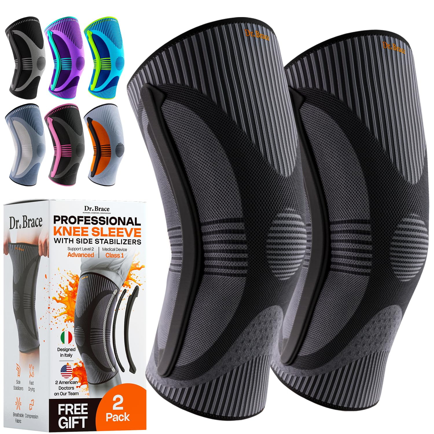 DR. BRACE ELITE Knee Brace with Size Stabilizer (2 Pack) Knee Brace for