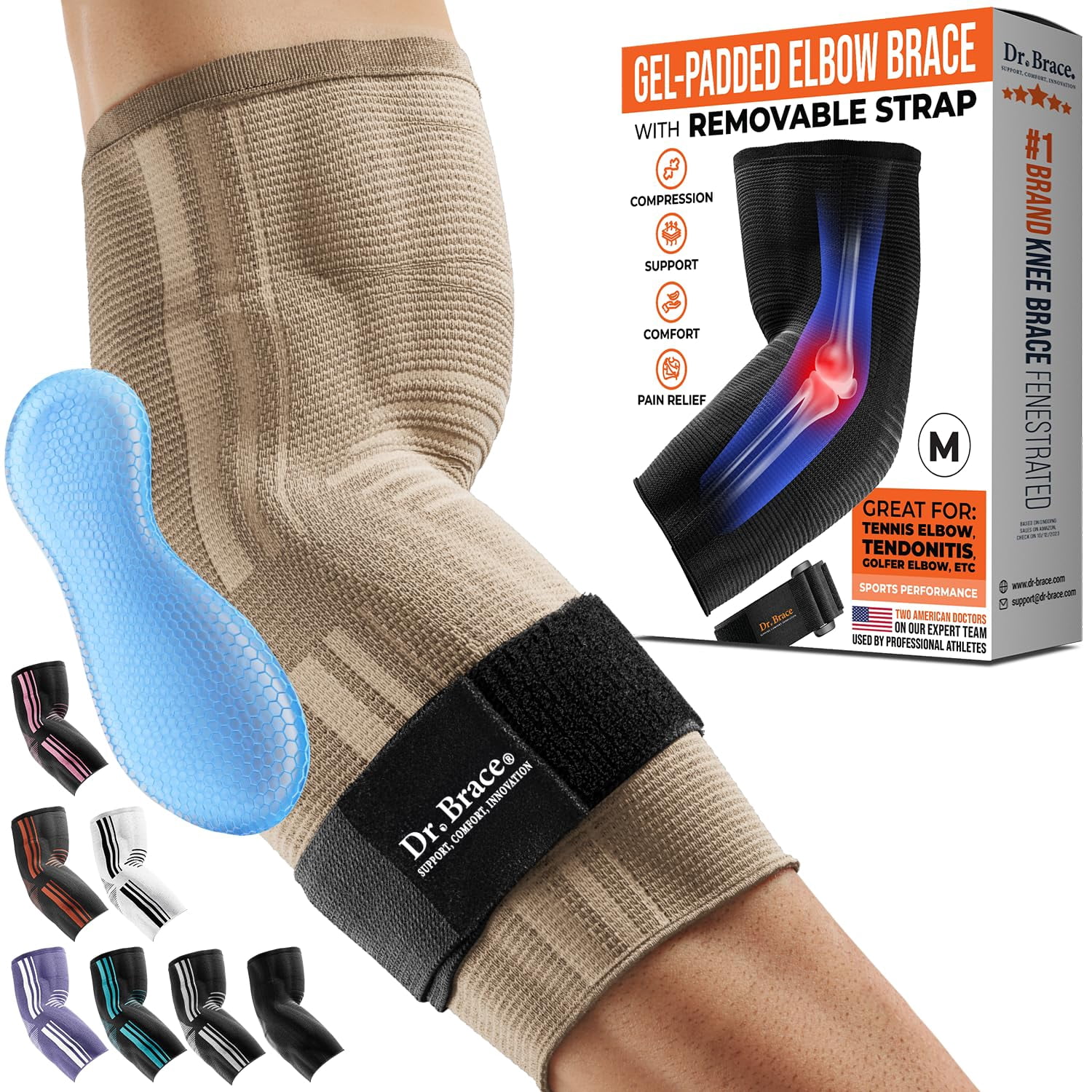 DR. BRACE® Elite Elbow Brace Support, Breathable Elbow Compression Sleeve with Gel Pad for Golfer's, Tennis Elbow & Tendonitis Treatment & Pain Relief 2024 (Beige, Medium)