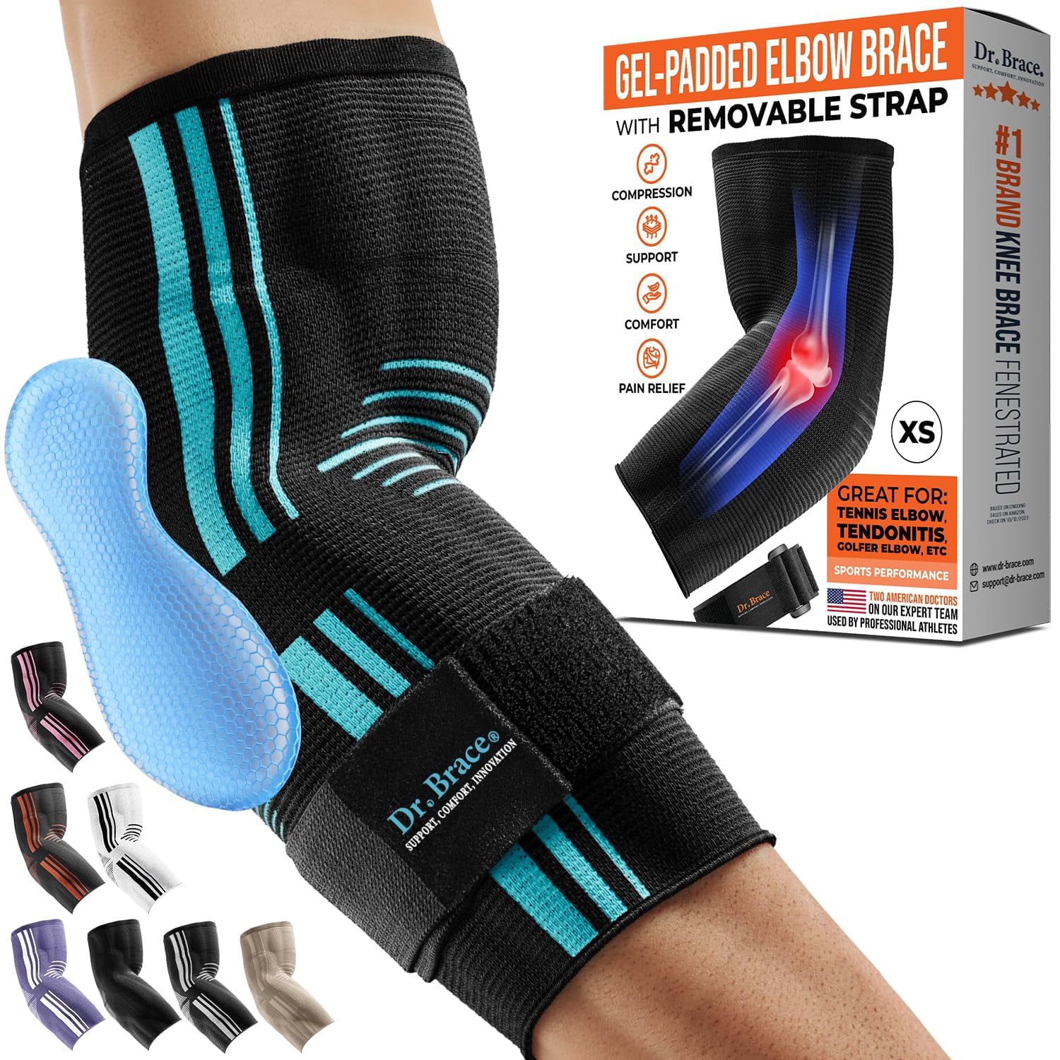 DR. BRACE® Elite Elbow Brace Support, Breathable Elbow Compression Sleeve with Gel Pad for Golfer's, Tennis Elbow & Tendonitis Treatment & Pain Relief 2024 (Black-Blue, XSmall)