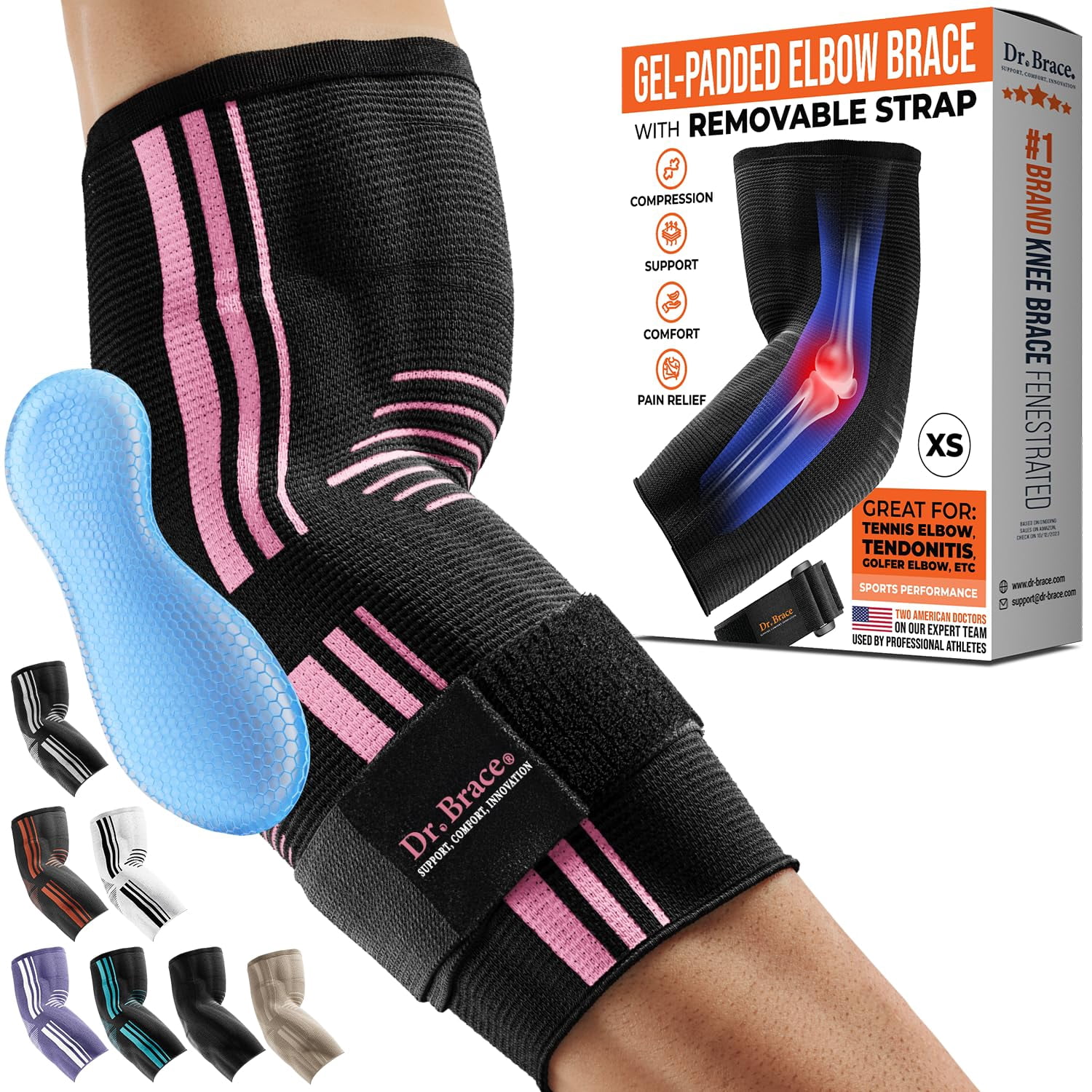 DR. BRACE® Elite Elbow Brace Support, Breathable Elbow Compression Sleeve with Gel Pad for Golfer's, Tennis Elbow & Tendonitis Treatment & Pain Relief 2024 (Black-Pink, XSmall)