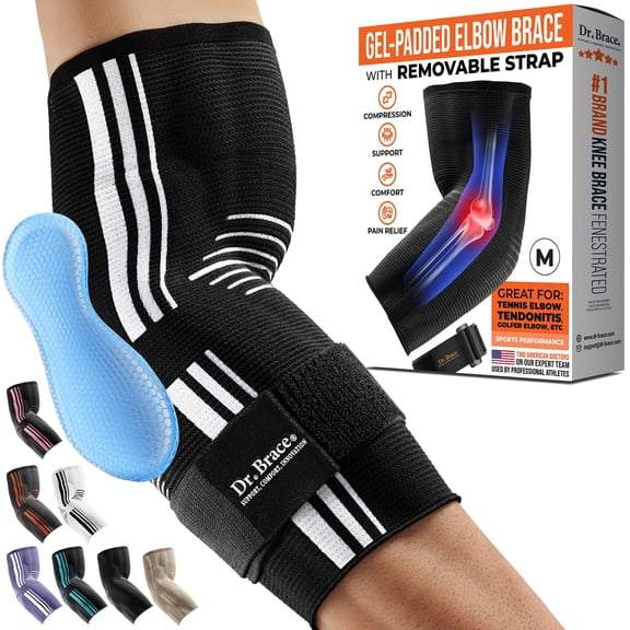 DR. BRACE Elite Elbow Brace Support, Breathable Elbow Compression Sleeve with Gel Pad for Golfer's, Tennis Elbow & Tendonitis Treatment & Pain Relief 2024 (Black-White, Medium)