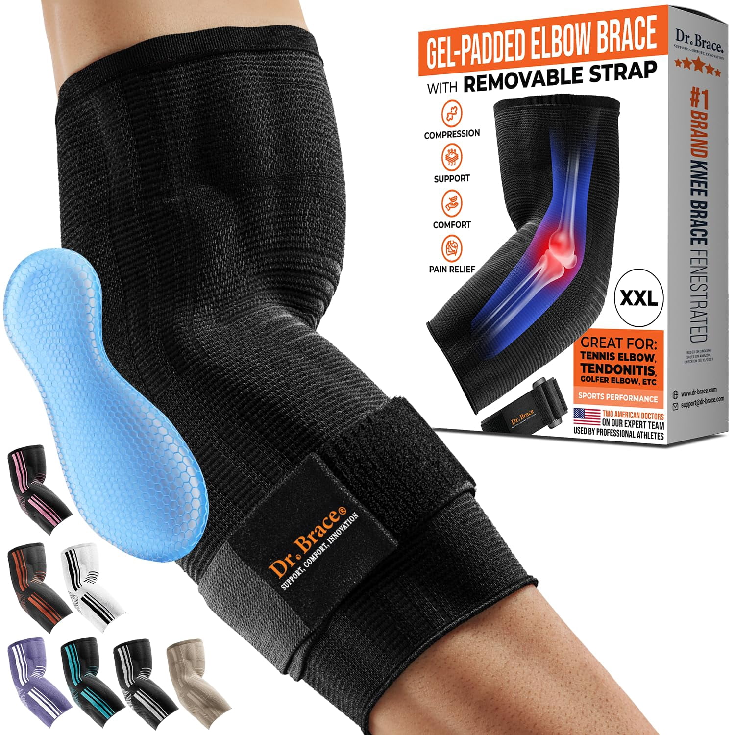 DR. BRACE® Elite Elbow Brace Support, Breathable Elbow Compression Sleeve with Gel Pad for Golfer's, Tennis Elbow & Tendonitis Treatment & Pain Relief 2024 (Black,XX-Large)