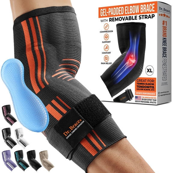 DR. BRACE Elite Elbow Brace Support, Breathable Elbow Compression Sleeve with Gel Pad for Golfer's, Tennis Elbow & Tendonitis Treatment & Pain Relief 2024 (Grey-Orange, X-Large)