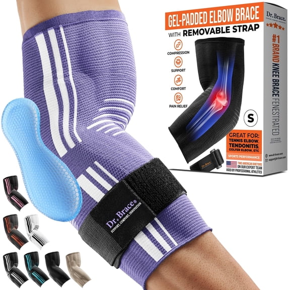 DR. BRACE Elite Elbow Brace Support, Breathable Elbow Compression Sleeve with Gel Pad for Golfer's, Tennis Elbow & Tendonitis Treatment & Pain Relief 2024 (Purple-White, Small)