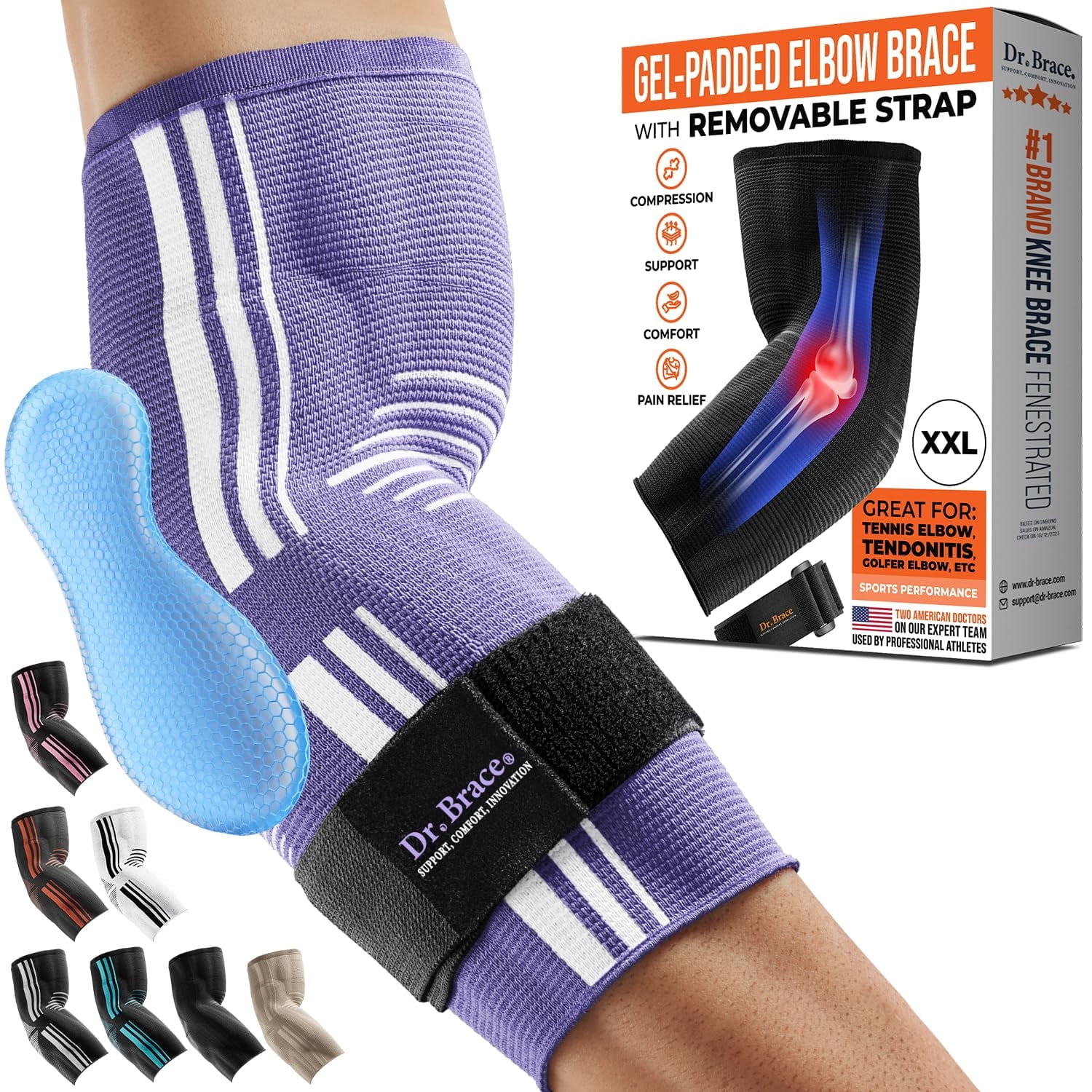 DR. BRACE® Elite Elbow Brace Support, Breathable Elbow Compression Sleeve with Gel Pad for Golfer's, Tennis Elbow & Tendonitis Treatment & Pain Relief 2024 (Purple-White, XX-Large)