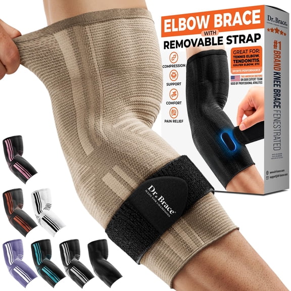 DR. BRACE Elite Elbow Brace Support, Breathable Elbow Compression Sleeve with Removable Strap for Golfer's, Tennis Elbow & Tendonitis Treatment & Pain Relief (Beige, Large)