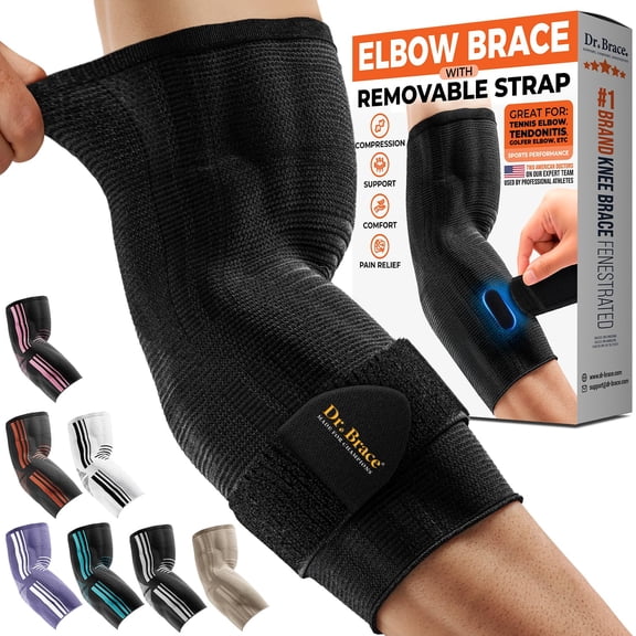 DR. BRACE Elite Elbow Brace Support, Breathable Elbow Compression Sleeve with Removable Strap for Golfer's, Tennis Elbow & Tendonitis Treatment & Pain Relief (Black, Large)