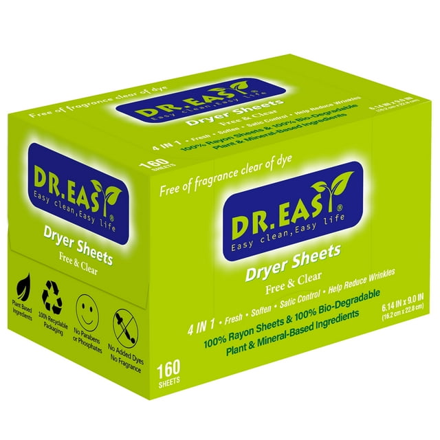 DR.EASY Dryer Sheets Plant Based Formula 252 Ct Fabric Softener Sheets For Laundry Free Clear Essential Oil Scented No Artificial Fragrances No Dyes Reduce Static Wrinkles Help Repel Pet Hair