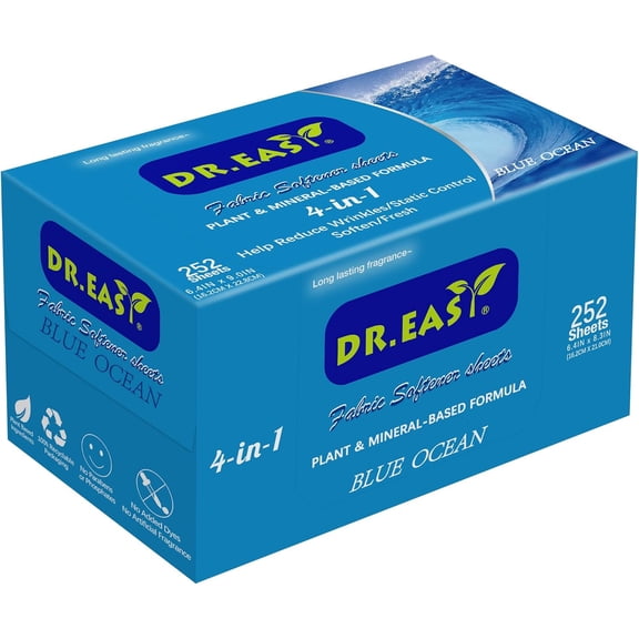 DR.EASY Dryer Sheets Plant Based Formula 252 Ct BLUE OCEAN,Softener sheets for Laundry Unscented No Dyes Reduce Static & Wkles Help Repel Pet Hair