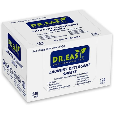 DR.EASY Laundry Detergent Sheets Unscented, Biodegradable Formula No Dyes, Easy to Carry, 240 Loads