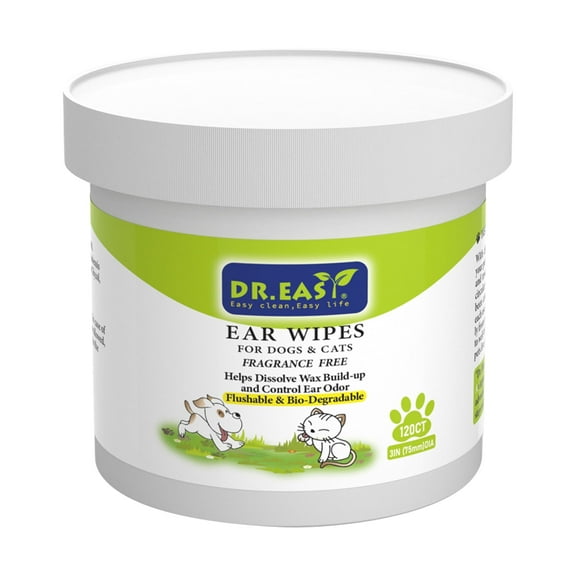 DR.EASY Pet Ear Grooming Wipes for Dogs & Cats Fragrance Free, Helps Dissolve Wax Build-Up and Control Ear Odorflushable & Compostable, Stop Ear Itching Natural Cleansing