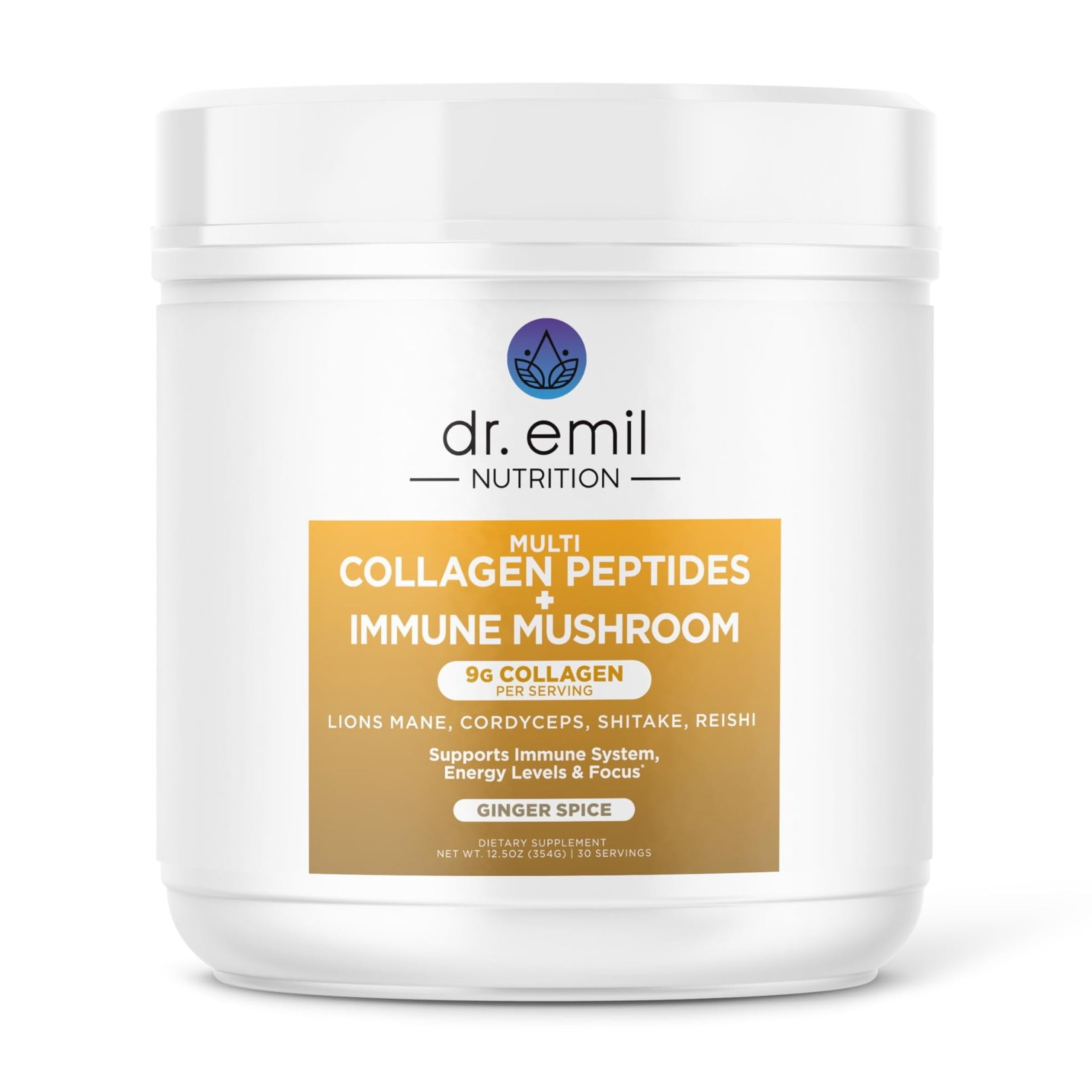 DR. EMIL NUTRITION Collagen Peptides Powder Plus Immune Mushroom Blend - Collagen Powder for Women with Lions Mane & Reishi Mushroom Powder for Immunity - Collagen Supplements for Hair, Skin & Nails