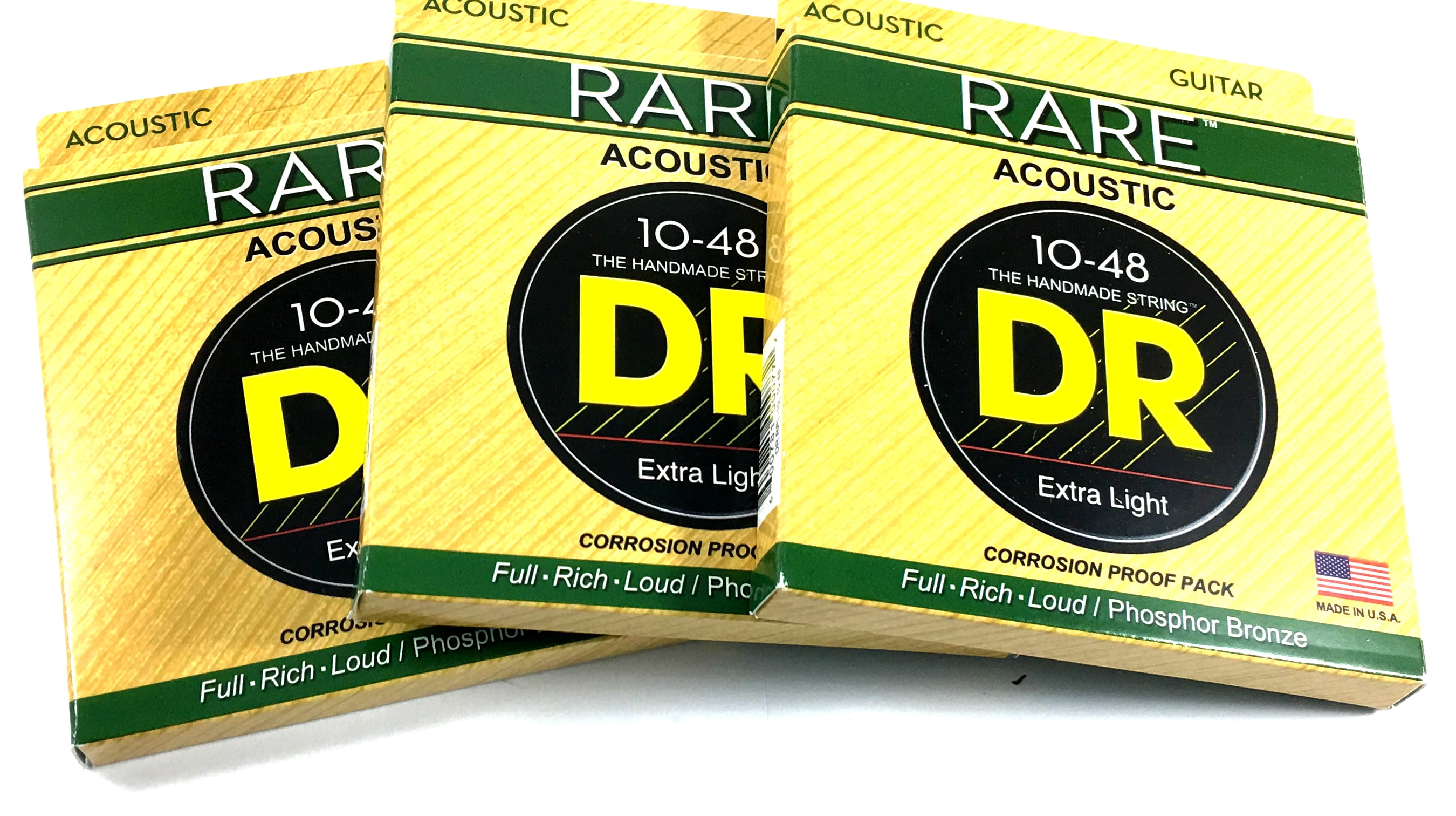 DR Guitar Strings 3 Pack Acoustic RARE Phosphor Bronze Hex Cores RPL-10 10-48