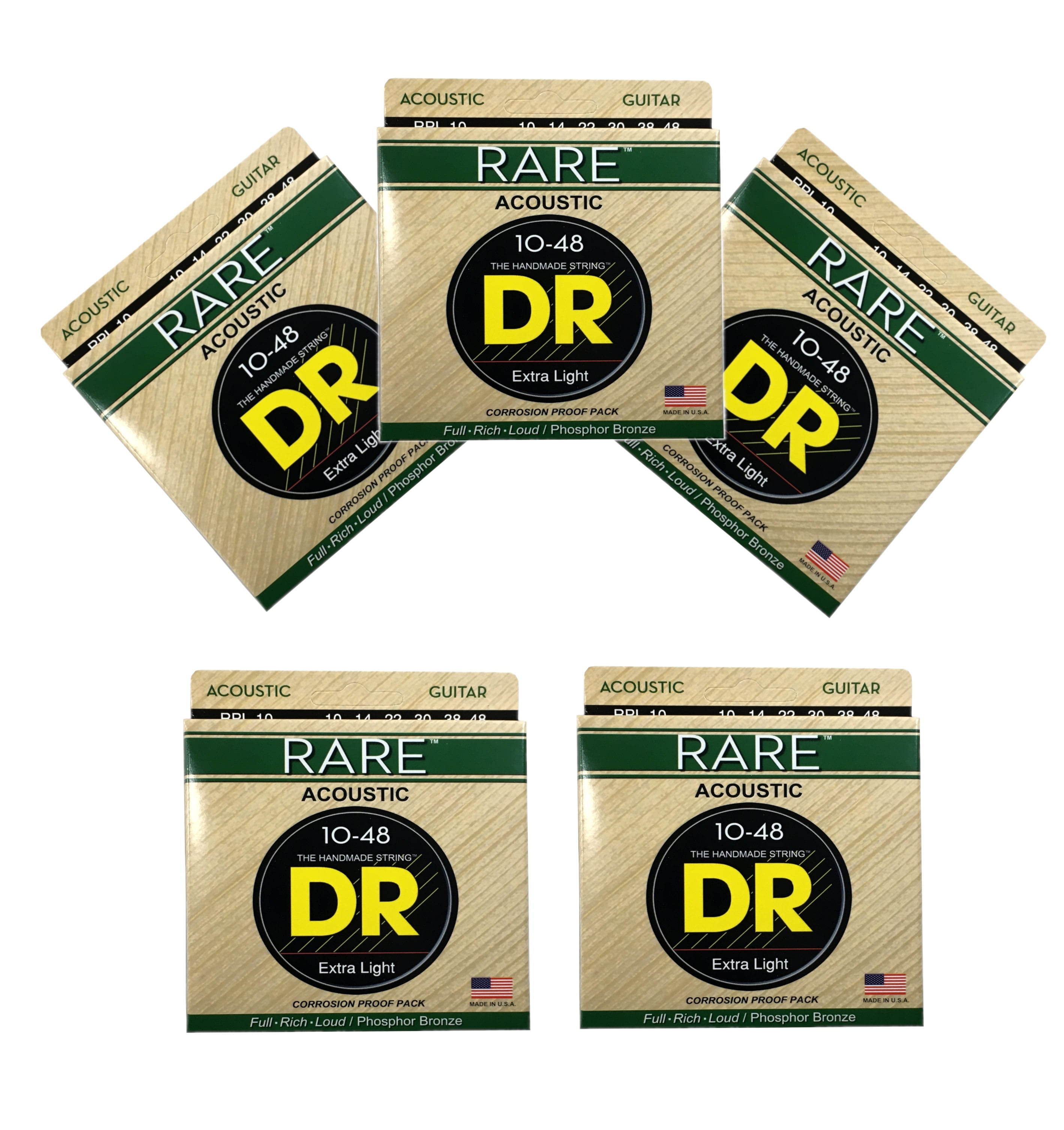 DR Guitar Strings 5 Pack Acoustic RARE Phosphor Bronze Hex Cores RPL-10 10-48