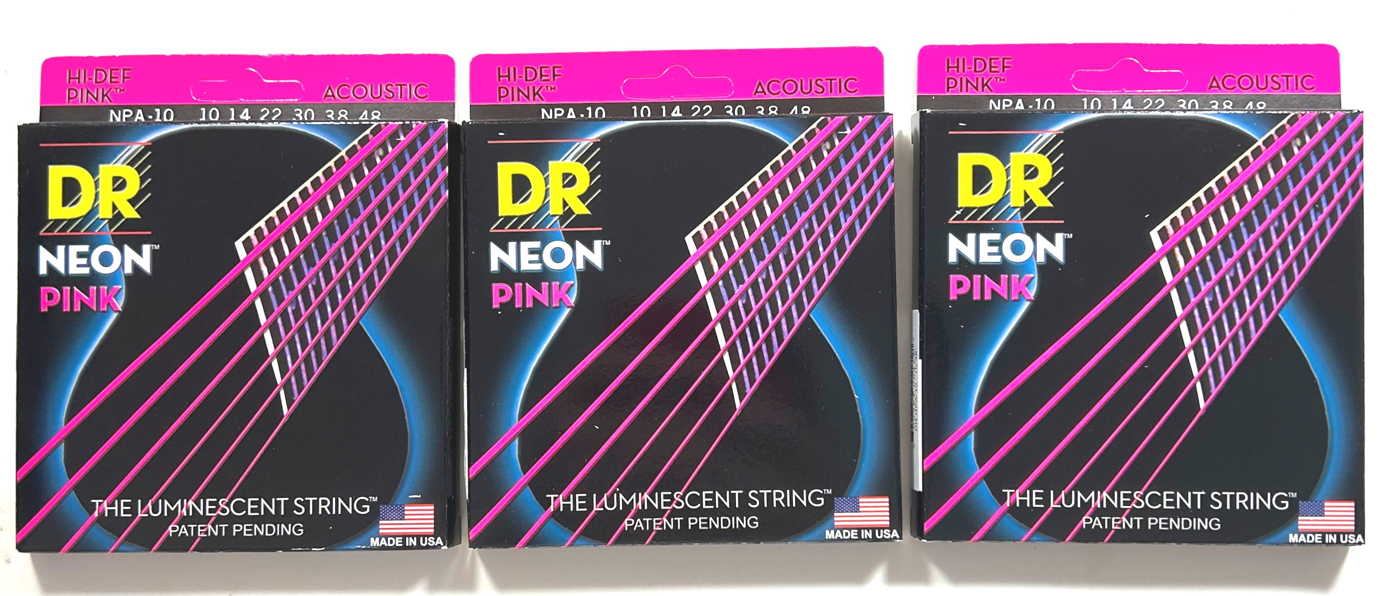 DR Guitar Strings Acoustic 3 Sets Neon Pink Extra Light 10-48 Luminecent