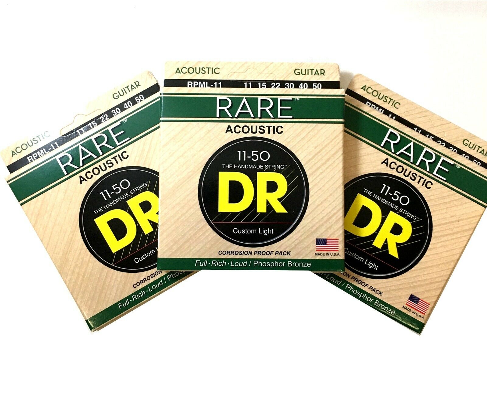DR Guitar Strings Acoustic RARE 3-Pack Phosphor Bronze Hex Cores RPML-11 11-50