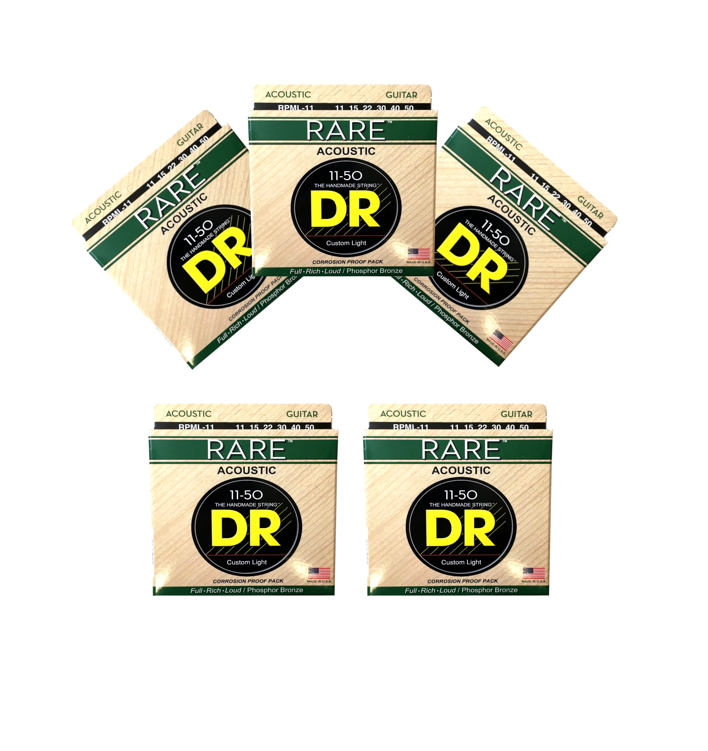 DR Guitar Strings Acoustic RARE 5-Pack Phosphor Bronze Hex Cores RPML-11 11-50