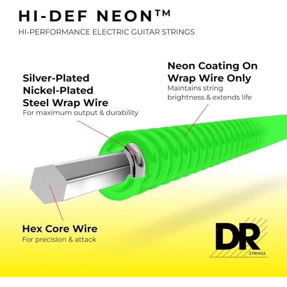 DR Handmade Strings NGE-9 Hi-Def Neon Green Electric Guitar Strings, Light (9-42)
