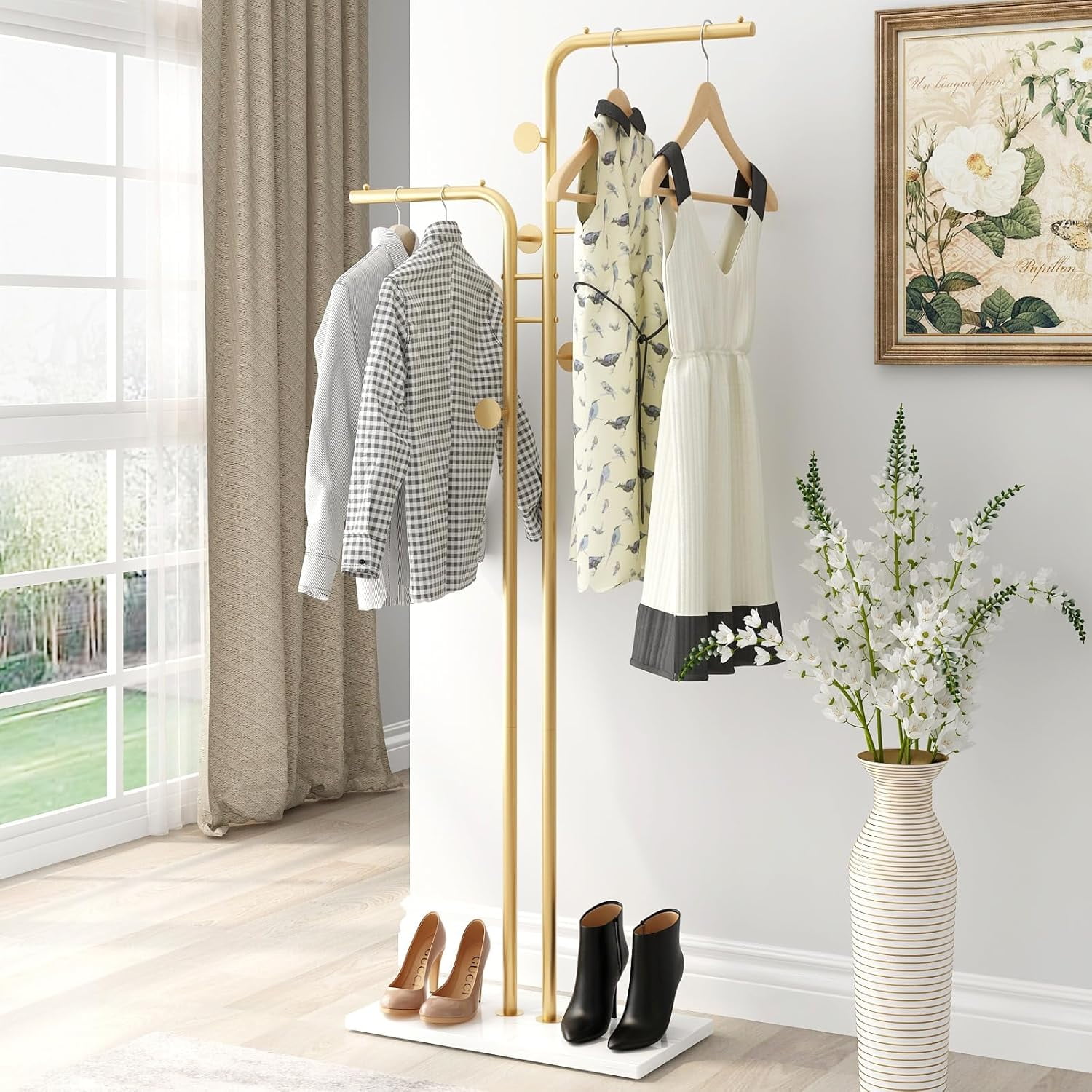 Modern Black and Gold Metal Freestanding Coat Rack with Marble Base