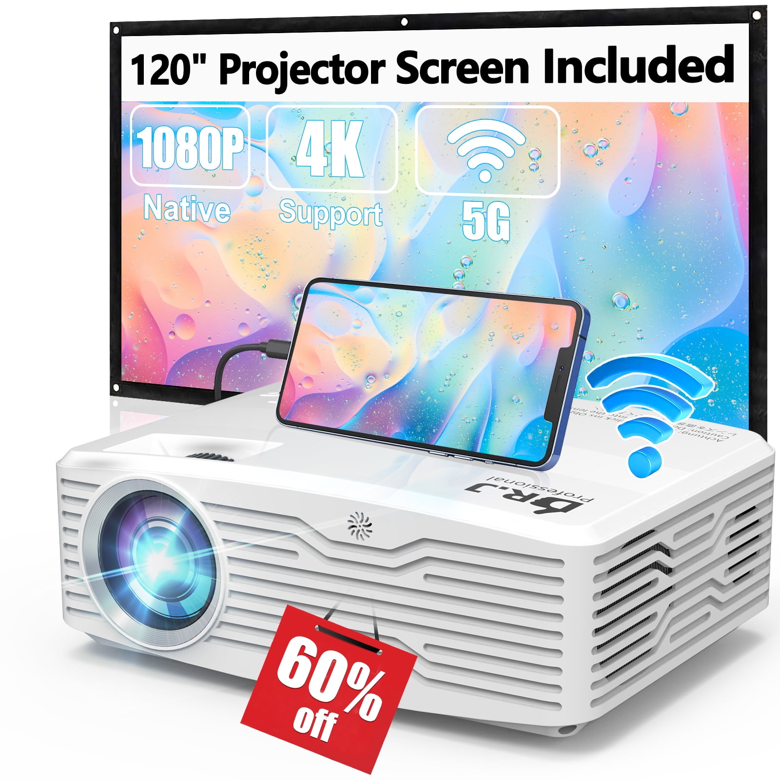 DR.J Professional 5G WiFi 300 DISPLAY Projector Full HD, 4K Native 1080P  9500Lumens Projector, 120 Projector Screen Included 
