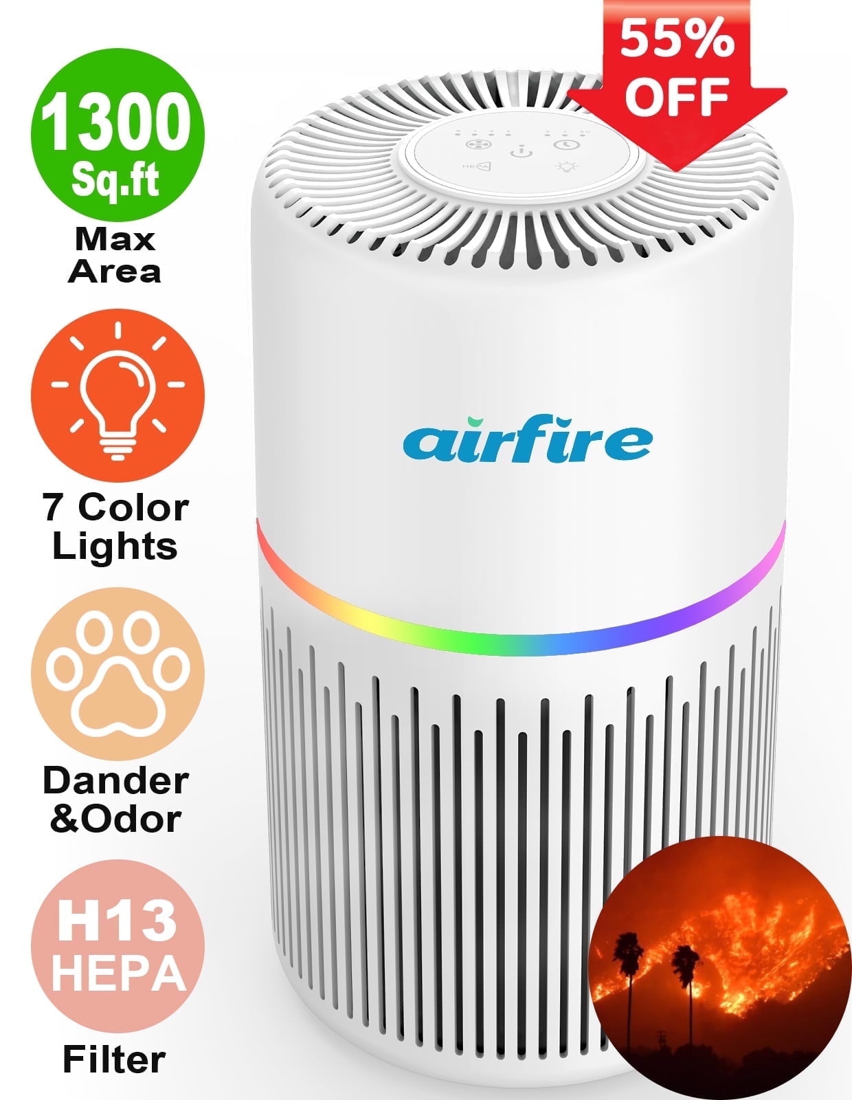 AIRFIRE Air Purifiers for Home 1300sq.ft HEPA Air Purifiers for Bedroom, Pollen, Wildfire/Smoke, Pet Dander&Odor, Dust